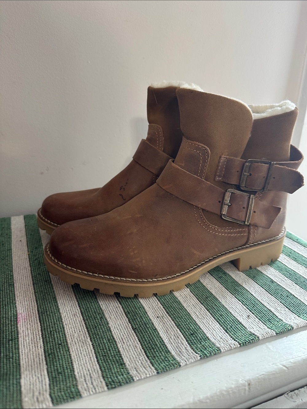 Cozy Suede Genuine Leather Brown Buckle Ankle Booties with Shearling Trim